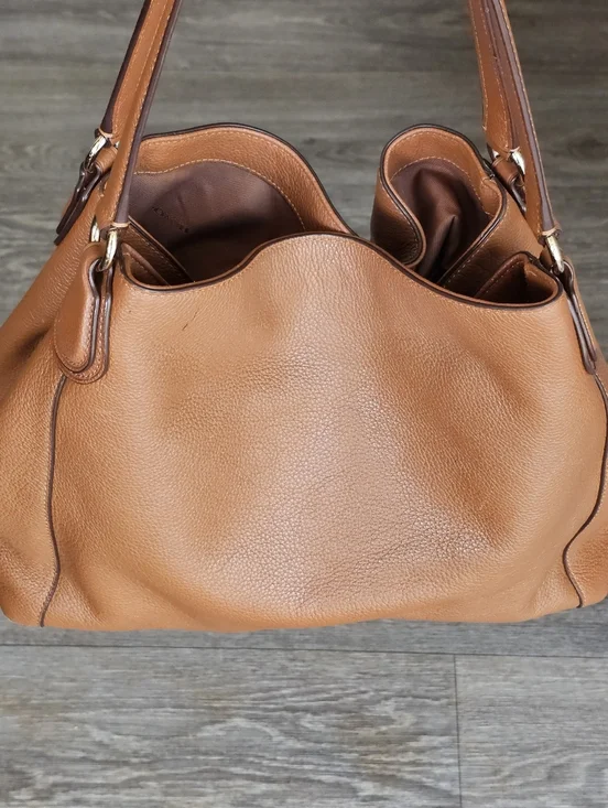 COACH Edie 31 Light Saddle Refined Pebbled Leather Shoulder Handbag. Brown - Picture 2 of 12